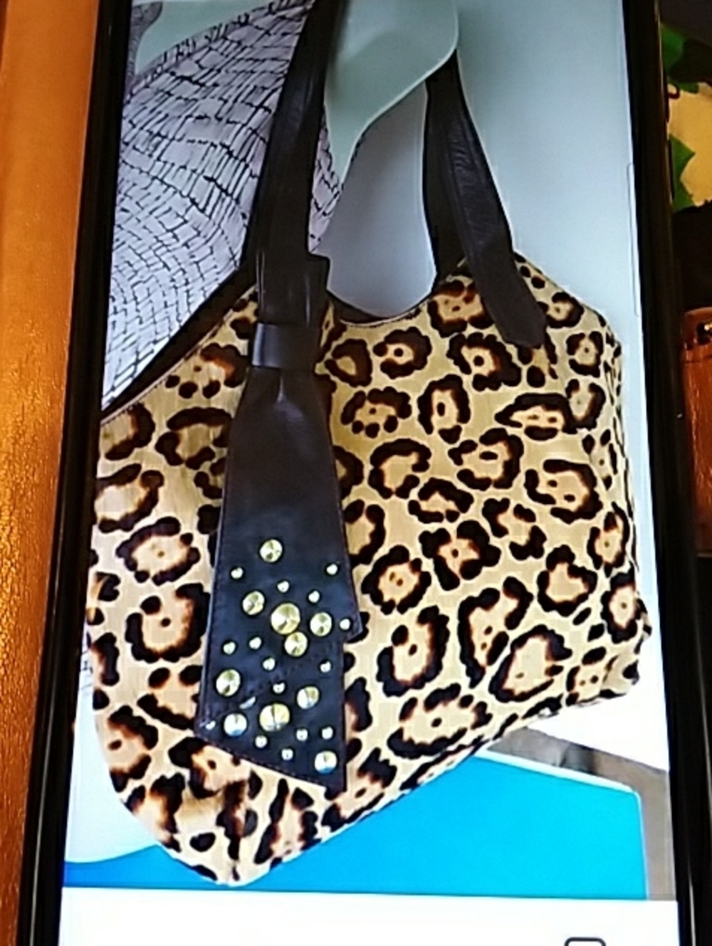 Leopard Print Shoulder Bag with Stud Accent - Brown/Black